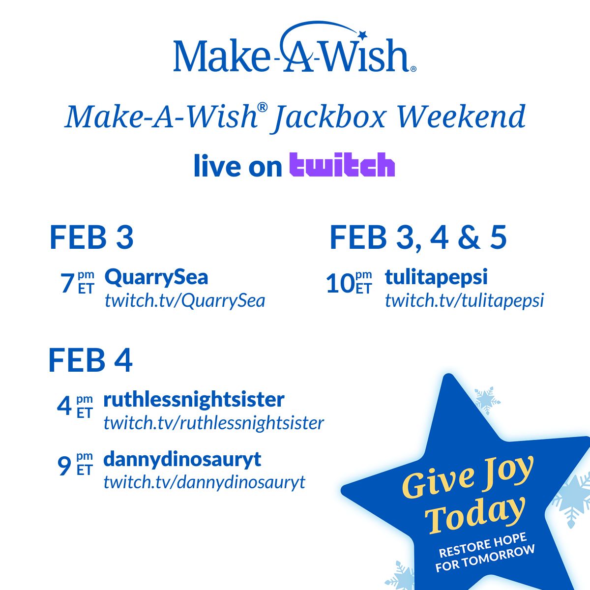 Join us for Jackbox Weekend starting Friday! Our awesome creators -  @RuthlessNS_,  @tulitapepsittv, and more -  will be playing @jackboxgames and hosting giveaways all weekend! Tune in to the fun and make more wishes come true! #StreamForWishes @tiltify