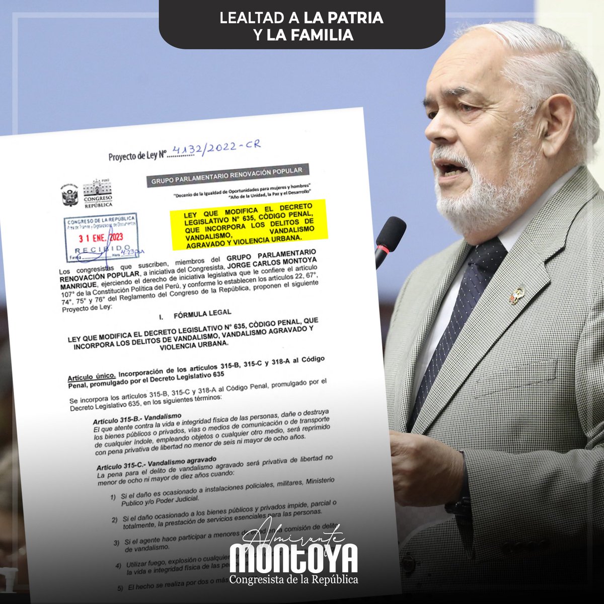 ¡No más violentistas en nuestro país! 
He presentado el proyecto de ley 4132, que propone modificar el Decreto Legislativo Nº 635, Código Penal, que incorpora los delitos de #Vandalismo, #VandalismoAgravado y #ViolenciaUrbana.  

🔗 is.gd/a7UPVF
#AlmiranteJorgeMontoya