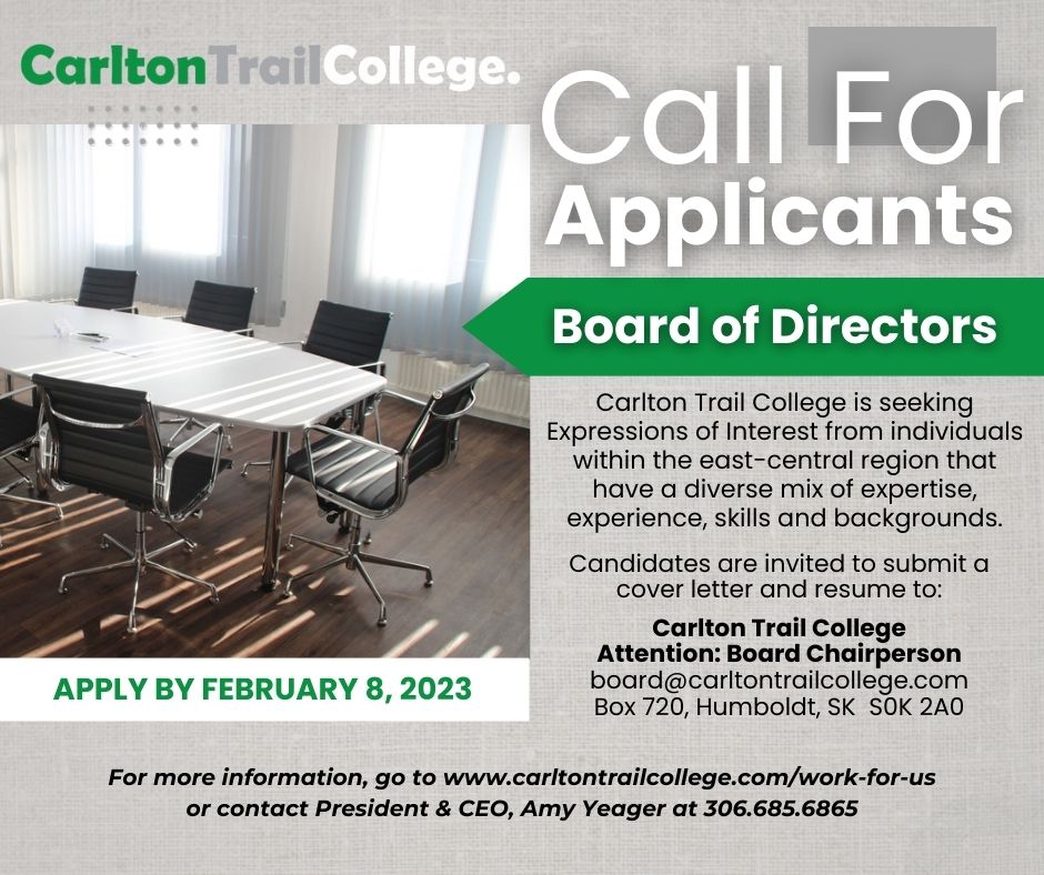CarltonTrail's tweet photo. Looking for an opportunity to become a leader within the region? Become a Carlton Trail College Board Member! Submission deadline is February 8, 2023. Find all the details at https://t.co/sdMa4hAiTH https://t.co/5C3PLvh9m4