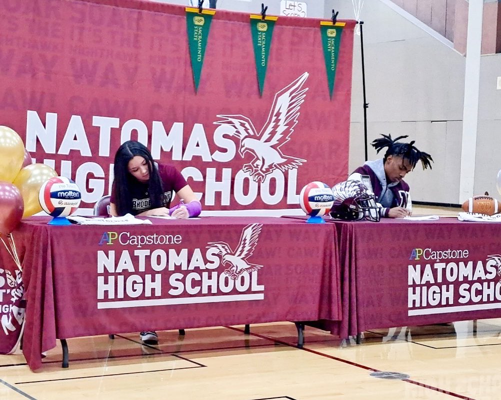 AthleticsNusd's tweet photo. A huge Congrats to Natomas HS’s @MekheiB (🏈 Sacramento State) &amp; Talia Lewis (🏐 Rhode Island College) for signing today! 👏🏽👏🏽 #waytogonighthawks #nusdstudentathletes #forthefuture #keepworkinghard @SOARingNHS @NatomasUSD @SacBee_JoeD https://t.co/5iSkJQ2PB7