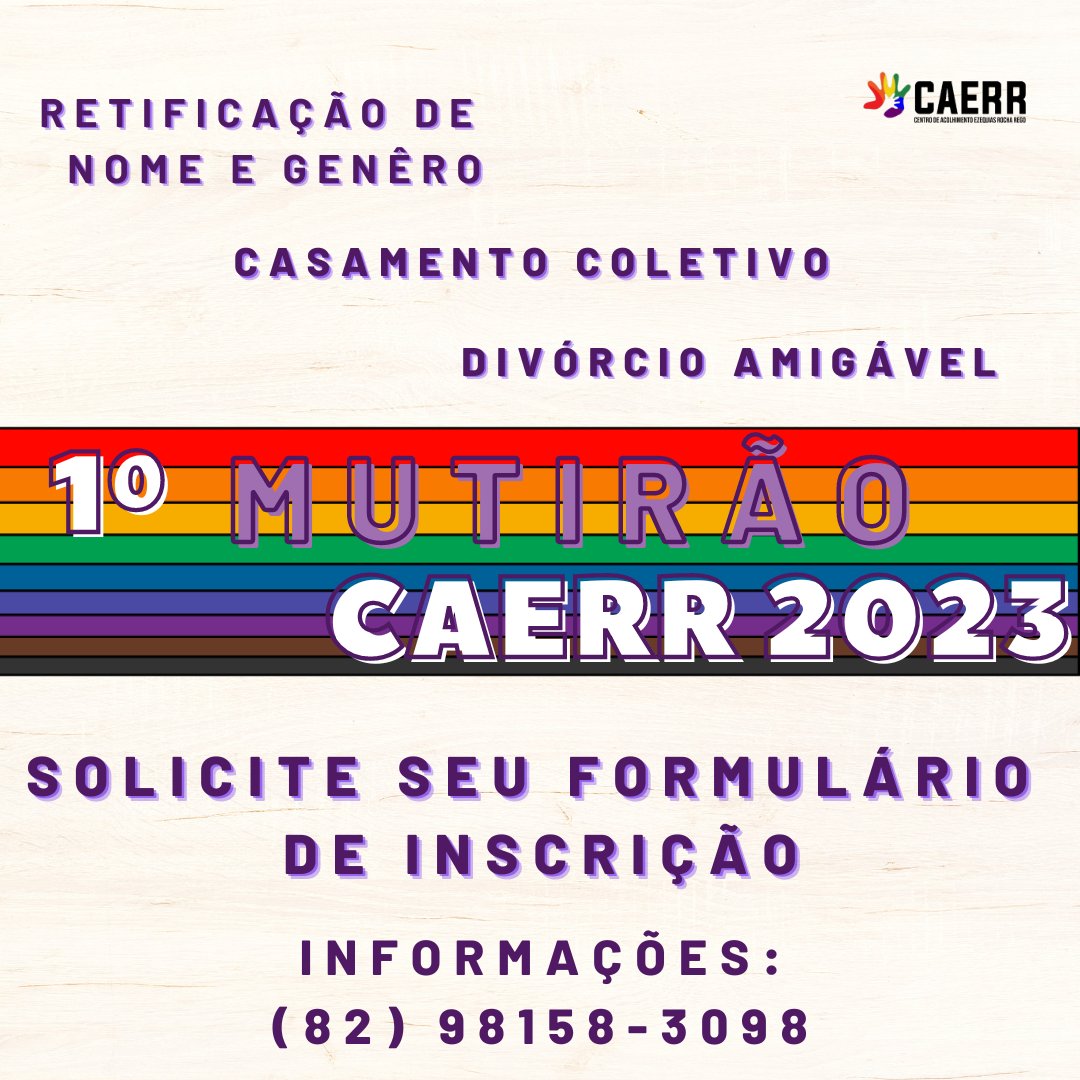 caerr_alagoas's tweet photo. 🚨   ATENÇÃO   🚨
Nosso 1º mutirão de serviços de 2023 já tem data agendada, e está  previsto para o dia 08 de maio. 

Os serviços disponibilizados são: 
• Retificação de nome e gênero na certidão de nascimento 🏳️‍⚧️
• Casamento coletivo 🏳️‍🌈
• Divórcio amigável 📃 https://t.co/YDieA2CzD8