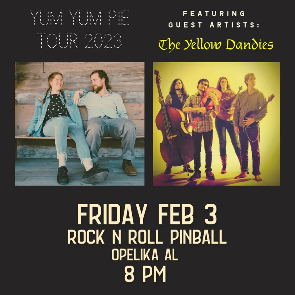 Calling all Ope-local-ans! Live local show this Friday in Opelika with THE The Yellow Dandies up close and personal-like. Plus the pie will be in the sky waiting for you to arrive. See y'all up thar!

FRIDAY 2.3.23 Rock 'N Roll Pinball @ 8PM
websterswheel.com/tour
#auburnopelika