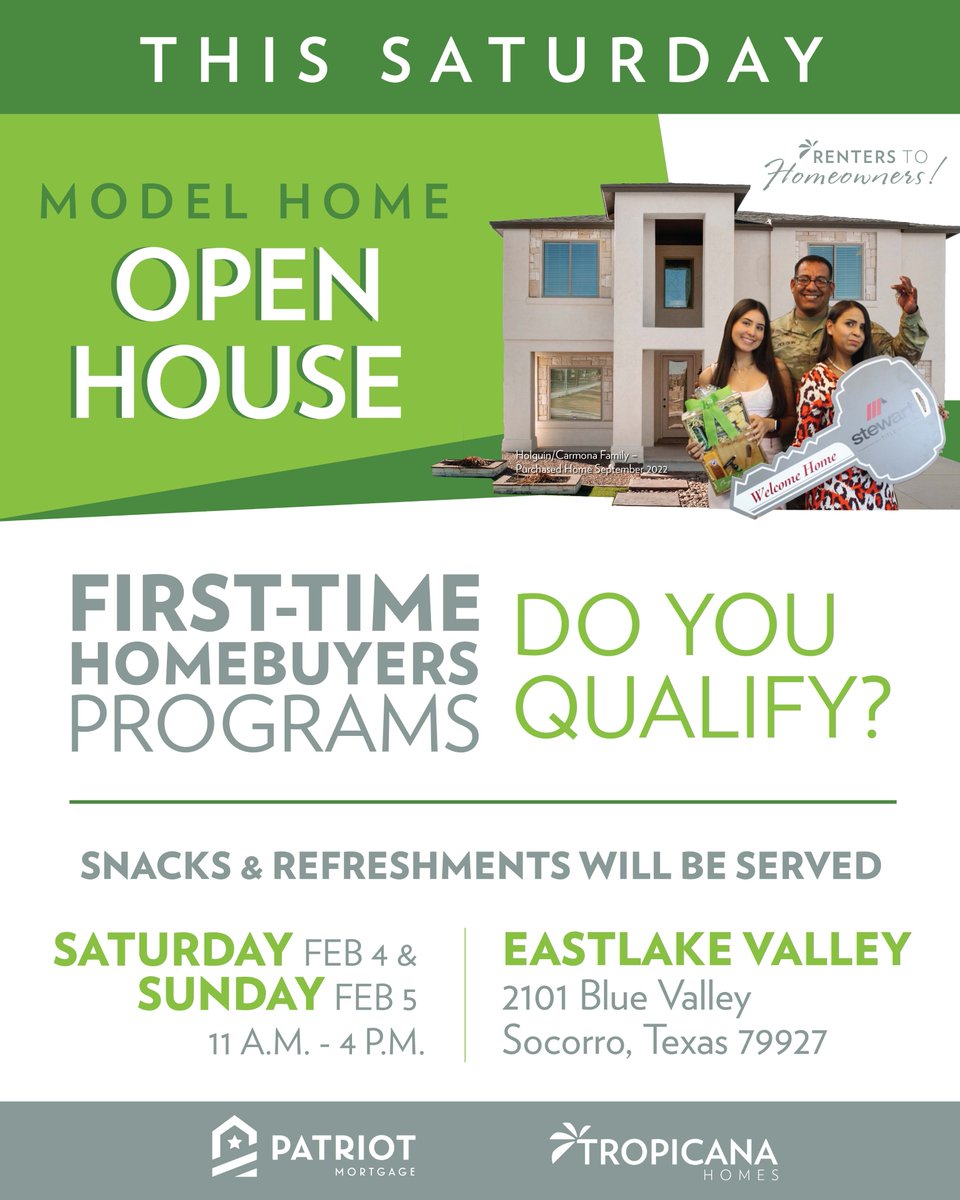 Join us this Saturday at our Model Open House at Eastlake Valley (2101 Eastlake Valley, El Paso 79927). We will be there from 11 a.m. – 4 p.m. Saturday & Sunday. This is a free event and everyone is welcome to join us. See you there!
#dreamhome  #elpasorealestate #since1950