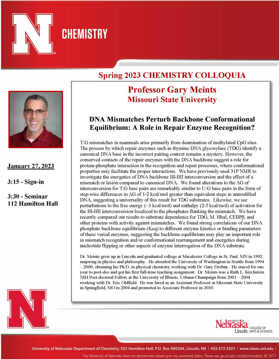 unlchemistry's tweet photo. Last Friday our Faculty and Grad students attended the first Colloquium for Spring 2023,  given by Professor Gary Meints from Missouri State University. Thank you again to Professor Meints! https://t.co/AQINLQlX2j