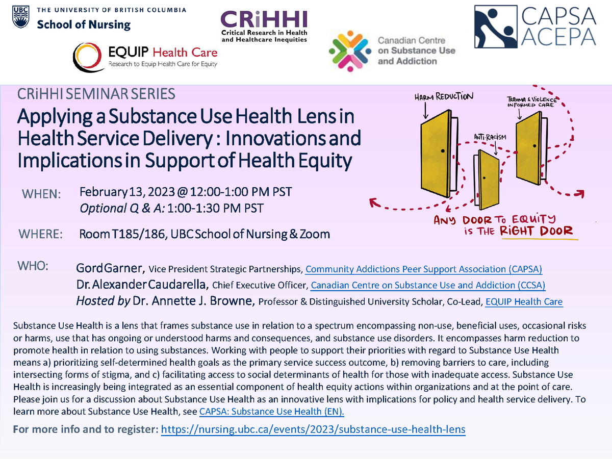 Here's an excellent opportunity to learn about Substance Use Health and how it can guide health service delivery!
Register here: nursing.ubc.ca/events/2023/su…
<a href="/UBCNursing/">UBC Nursing</a> <a href="/EQUIPHealthCare/">EQUIP Health Care</a> <a href="/CCSACanada/">CCSA</a>