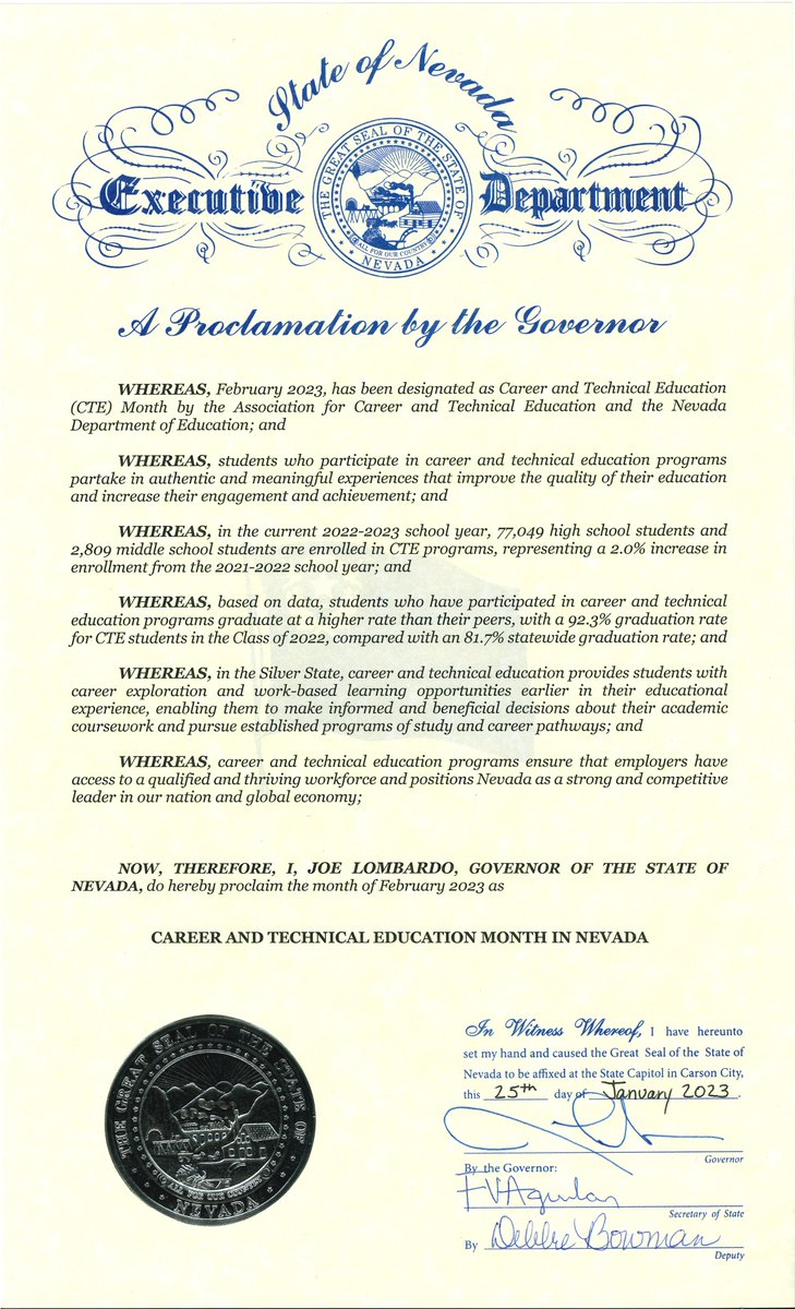 NvstateED's tweet photo. Thank you, @JosephMLombardo for honoring Career and Technical Education and proclaiming February CTE Month! Students who participate in CTE programs have meaningful experiences that improve the quality of their education. Learn more here: https://t.co/F26JYjqAGm #NVCTE https://t.co/SofBVtG2y1