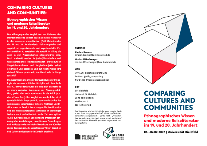 sfb_comparing's tweet photo. #Vormerken:
Ab Montag findet der #SFB1288-#Workshop "Comparing Cultures And Communities" u.a. zu #Reiseliteratur statt – organisiert von @KirstenKramer64 und #MariusLittschwager.
➡️ Wann? 06.-07.02.23
➡️ Wo? @ZiF_Bi @unibielefeld
#Vergleichspraktiken @dfg_public https://t.co/Q1cMWxTWO4