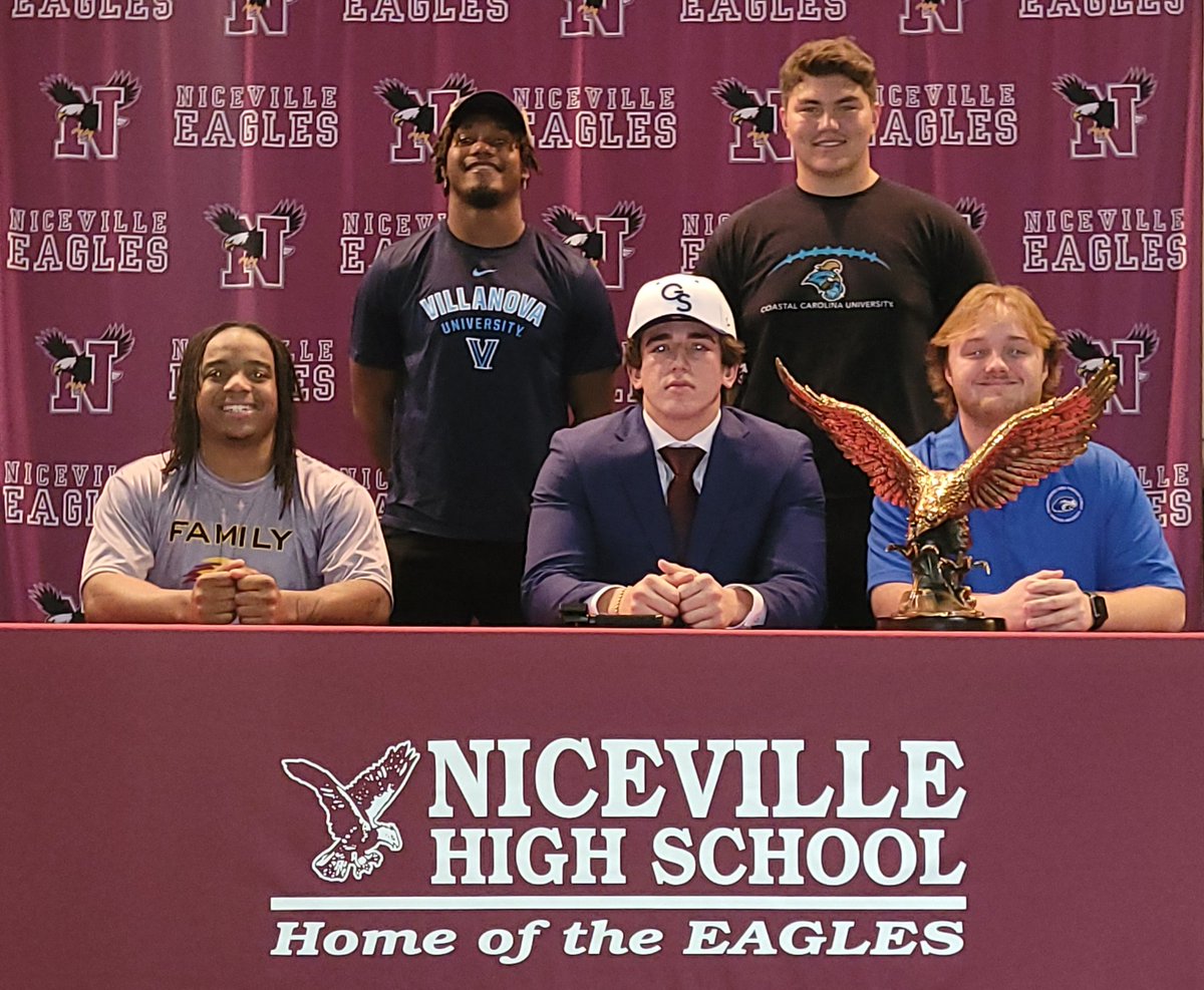Niceville High School Signing Day! 
Congrats Fellas! 
<a href="/BC_Caballero4/">Christian Caballero #2</a> - <a href="/NovaFootball/">Villanova Football</a> 
<a href="/JosephH_64/">Joseph Hanson</a>  - <a href="/CoastalFootball/">Coastal Football</a> 
<a href="/LeviTaylor21/">Levi Taylor</a> - <a href="/Shorter_FB/">Shorter Hawks Football</a> 
<a href="/jadenmikhael/">Jp Mikhael</a> - <a href="/GSAthletics_FB/">Georgia Southern Football</a> 
<a href="/BayBayTurn3r/">Micah “Bay Bay” Turner👶🏾</a> - <a href="/uftlfootball/">uftlfootball</a>
