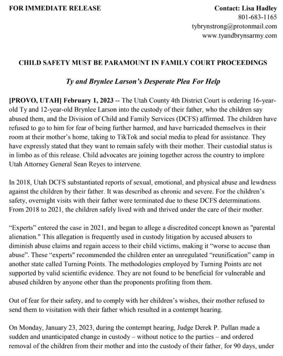 AbolishFamilyCt's tweet photo. 🚨🚨🚨OFFICIAL PRESS RELEASE FOR TY &amp; BRYNLEE LARSON IN PROVO, UT! PLEASE RAISE AWARENESS!🚨🚨🚨@UtahAG @SpencerJCox @GovCox @GavinNewsom @POTUS @VP @AdamHerbets @GovHawaii https://t.co/iZ2lhpN1ue