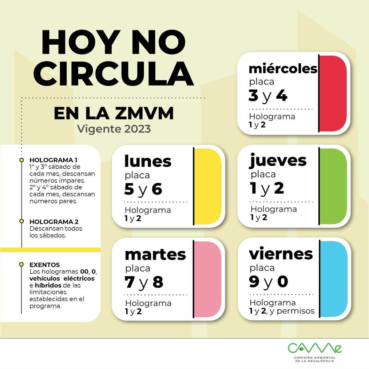 CAMegalopolis's tweet photo. 🌞 #FelizDomingoParaTodos☕
Antes de que inicie la semana consulta el #HoyNoCircula vigente en la #ZMVM.
Hologramas 00 y 0 quedan EXENTOS.     
Los hologramas 1 y 2 deben respetar las restricciones de circulación. 
🚕🚗🚘🚙🚛🏍🚚 https://t.co/zWFAiJfgiP