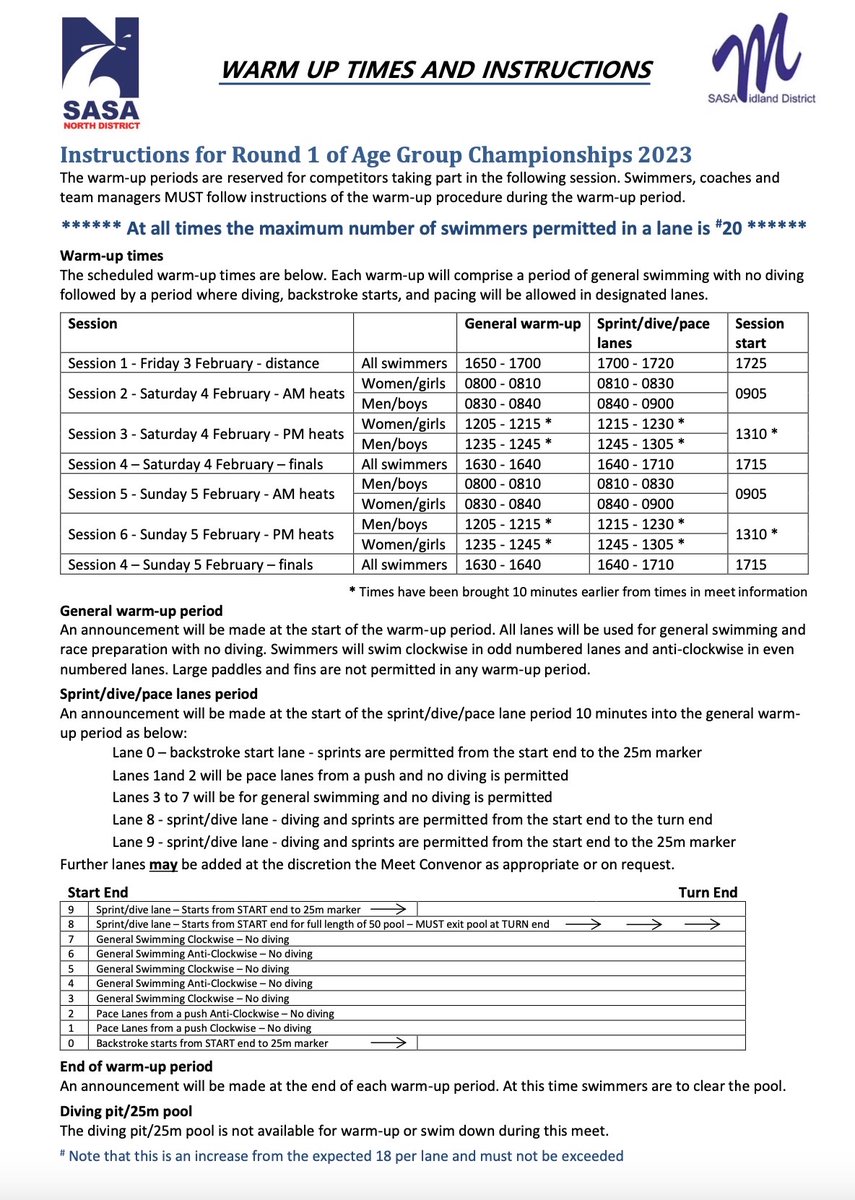 SASANorth's tweet photo. Warm Up Information for this weekend's @SASANorth and @SASAMidland Age Group Swimming Championships. #NDMeets
This has also been shared on the WhatsApp Broadcast. https://t.co/GoywHR7Cci
