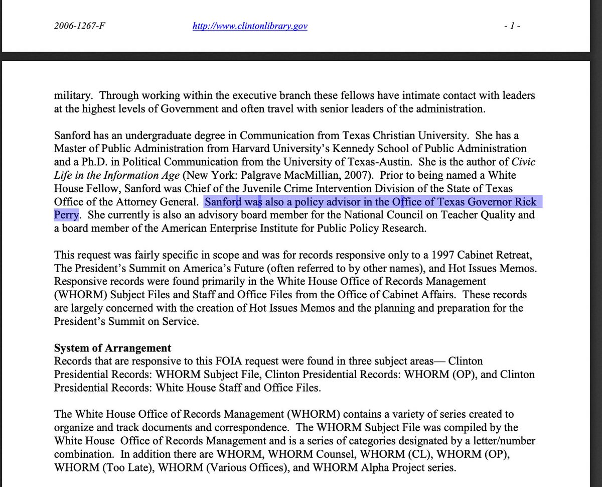 Stefanie Sanford, the College Board's chief lobbyist, worked for Repub Texas Gov (and MAGA Energy Sec) Rick Perry.
She also was a board member (as of 2006) at AEI, the rightwing thinktank.
They caved to DeSantis. Surprise.
@equalityAlec @sarahmillerdc

clinton.presidentiallibraries.us/items/show/363…