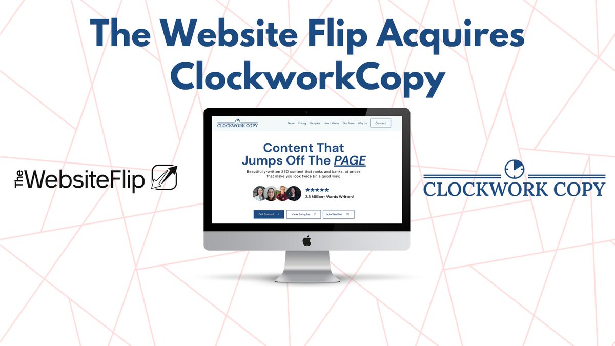 mushfiqsarker1's tweet image. 🆕 The Website Flip acquires ClockworkCopy Content Agency

Another acquisition is down for 2023. 

I acquired and partnered with the founder, Jimmy (@ClockworkJimmy), to build out this content agency.

We will be servicing content sites, SaaS &amp;amp; eCom businesses.

Really excited!