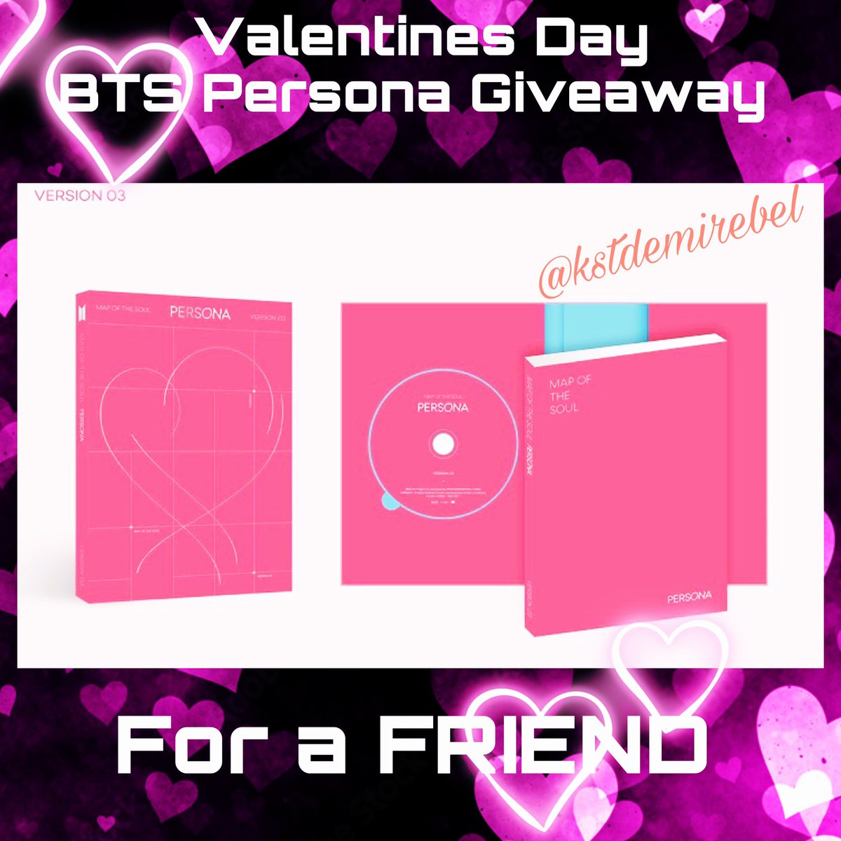 DemiRebel__'s tweet photo. VDAY 💖 #BTS MOTS Persona Giveaway for a Friend 💜💜

WW, sealed 💌
Unofficial freebies 💝

Ends: Feb 13th 💕

To Enter
💖 Follow
💖 Retweet
💖 Comment @ of friend you want to receive album 💜

Winner will be chosen randomly 🍀 https://t.co/uAUv1p9PBw