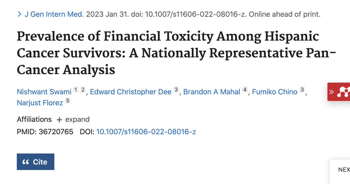 📝 Out in @JournalGIM today and led by @NishwantS @NarjustFlorezMD 

👉 We explore #disaggregated data on #FinancialToxicity for #Hispanic and #LatinX people with #cancer in the #US 

🙏 @FumikoChino @BrandonMahal 

🔗 link.springer.com/article/10.100…