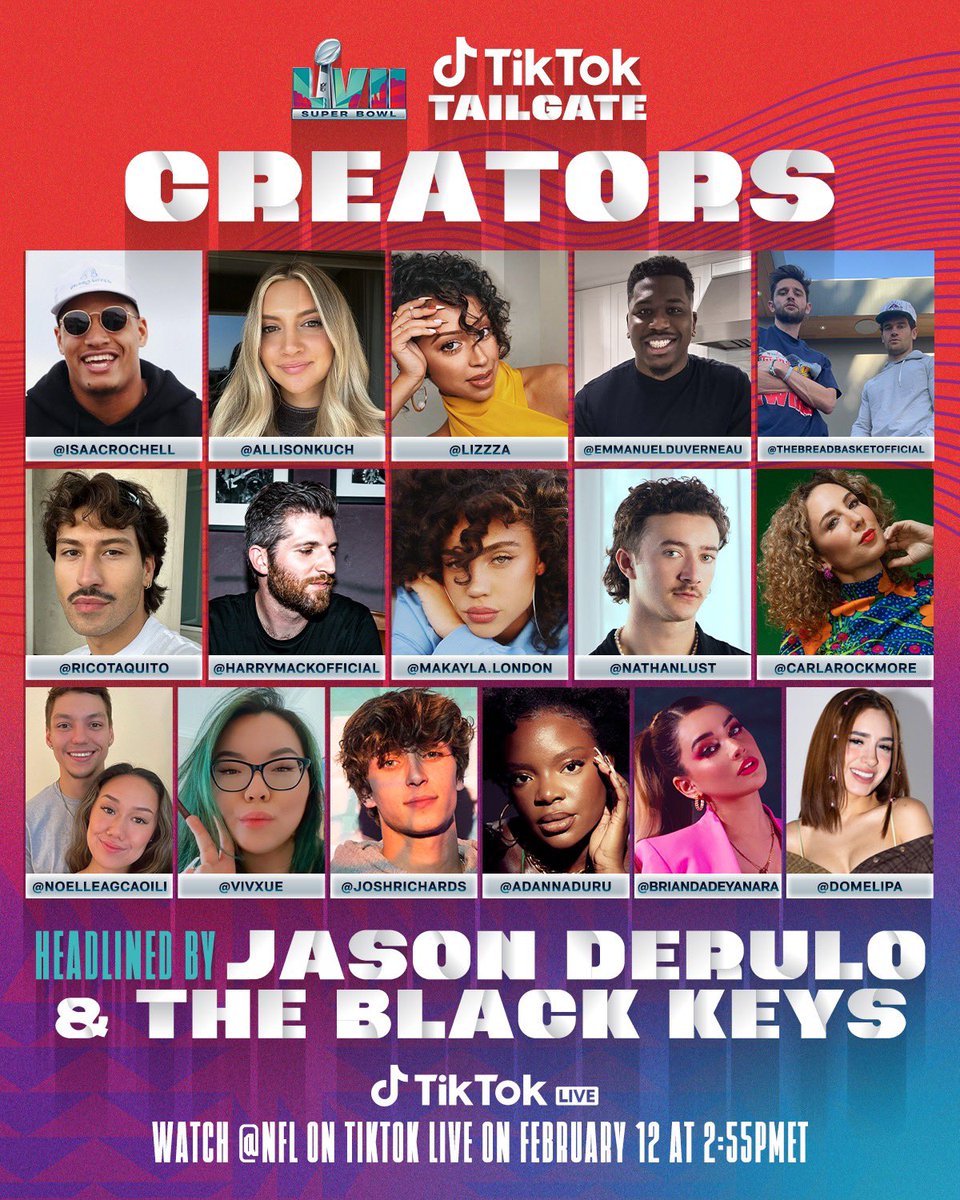 NFL's tweet photo. Your favorite creators all in one place at #TikTokTailgate π₯
Stream the show on NFL @tiktok_us on Feb. 12 https://t.co/oHcdB2UrZ6