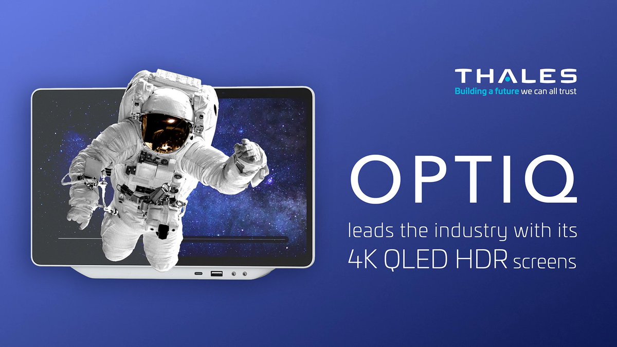 ThalesAerospace's tweet photo. The Thales Optiq 11”, 13”, and 17” screens have met qualification levels and are now ready for flight!
Thales’ Optiq 4K QLED HDR screens lead the industry, allowing our airline customers to serve their passengers #MorePowerPerPixel.
#AVANTUp https://t.co/cbFdotsVw2