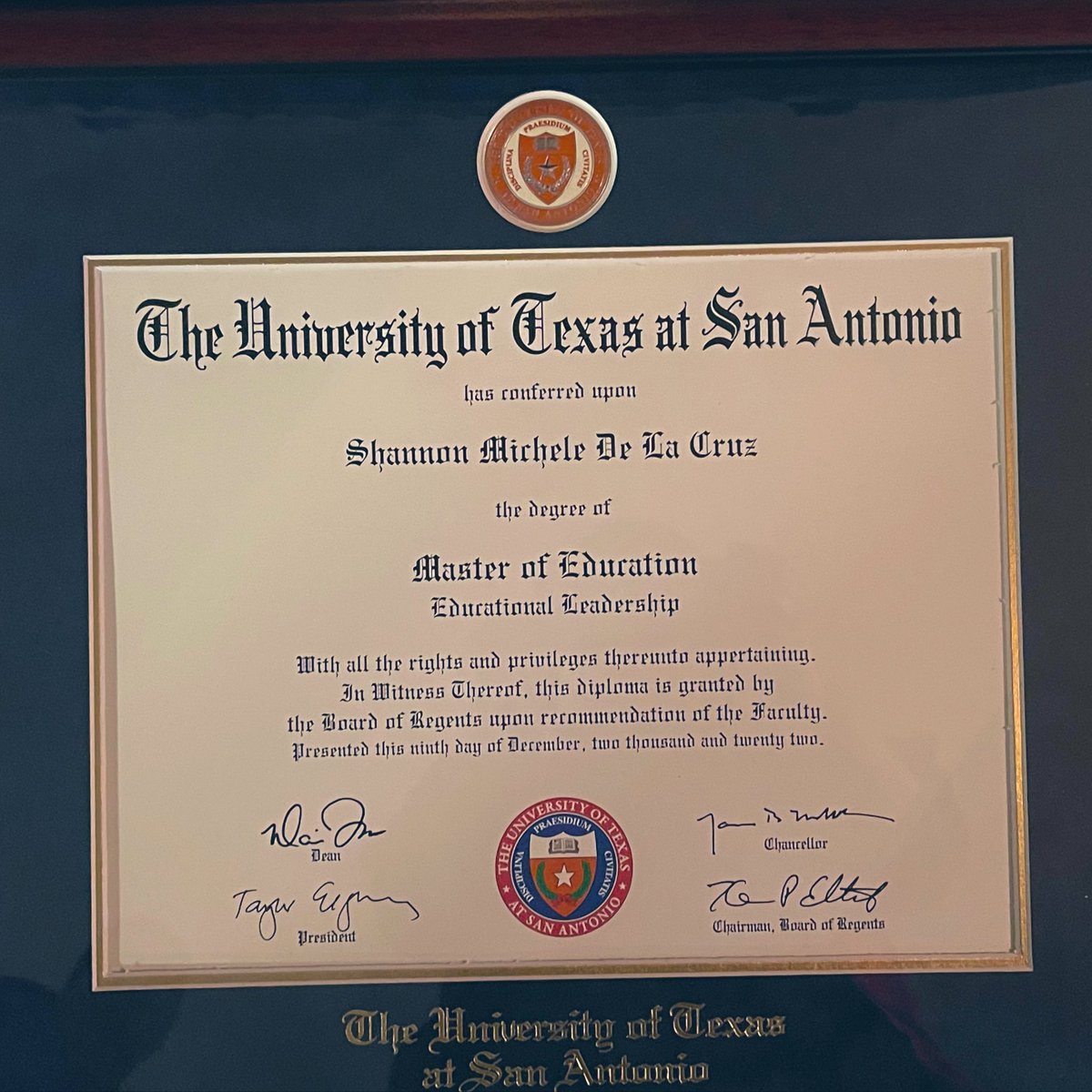 It’s official when it comes in the mail and your hubs frames it! Official #MEd #NISDUTSACohort7 @TeamELPS @UTSACOEHD