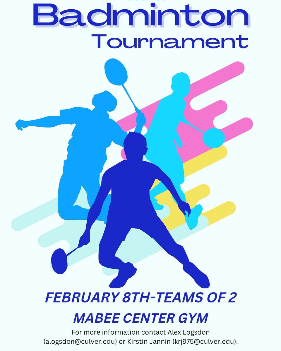 C-SC Mabee Center (@c_scmabeecenter) on Twitter photo Hey Wildcats! Join the IM Badminton Tournament!🏸This tournament starts February 8th! Teams of 2 and open to all students and faculty/staff!🏆
To sign up use this link: cglink.me/2rP/s82 Or Contact Coach Logsdon (alogsdon@culver.edu) or Kirstin Jannin (krj975@culver.edu). Hey Wildcats! Join the IM Badminton Tournament!🏸This tournament starts February 8th! Teams of 2 and open to all students and faculty/staff!🏆
To sign up use this link: cglink.me/2rP/s82 Or Contact Coach Logsdon (alogsdon@culver.edu) or Kirstin Jannin (krj975@culver.edu).