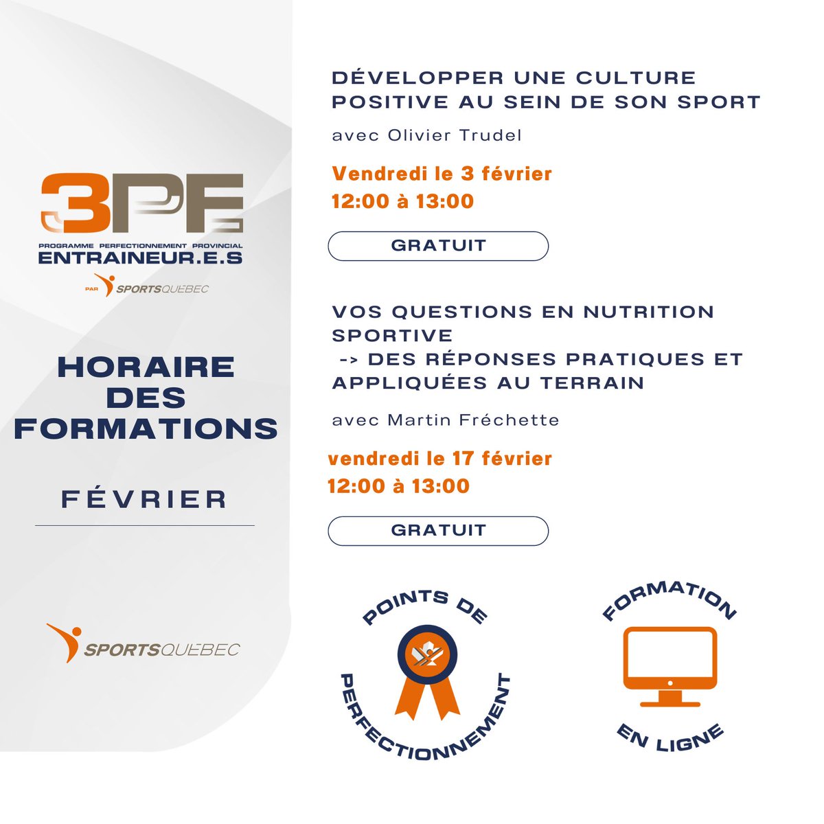 📣 Formation aux entraîneur.e.s!

𝗛𝗼𝗿𝗮𝗶𝗿𝗲 𝗱𝘂 𝗺𝗼𝗶𝘀 𝗱𝗲 𝗷𝗮𝗻𝘃𝗶𝗲𝗿
Voici les ateliers offerts dans le cadre du Programme de perfectionnement provincial des entraîneur.e.s (3PE)

Détails et inscription ici 👉 sportsquebec.com/3pe

🤫Psst! C'est GRATUIT!