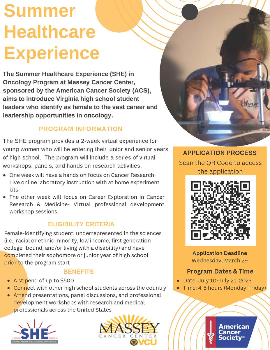 VCUMassey's tweet image. Our Research Education and Training programs for high schoolers are accepting applications through March 29❗ bit.ly/3AuEuwm

Summer Healthcare Experience (SHE) in Oncology is a virtual program that introduces young women to leadership opportunities in the cancer space.