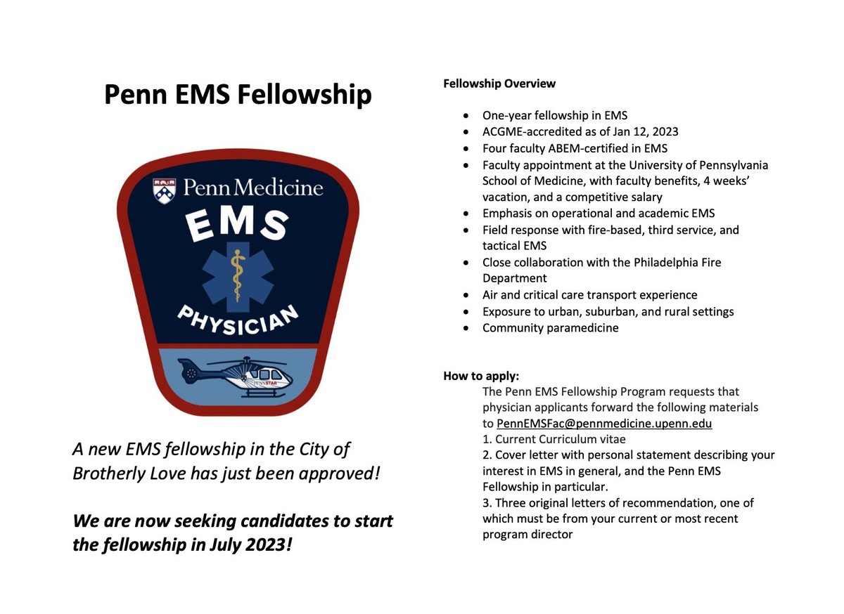 bp_mcneilly's tweet image. 🚨Attention EM residents interested in EMS🚨

@UPennEM is starting an EMS Fellowship &amp;amp; just received accreditation!! 

They're now recruiting applicants to start THIS YEAR, in July 2023. Please help spread the word!!

@emresidents @kellytillotson2 @jomari_guerrero @NAEMSP