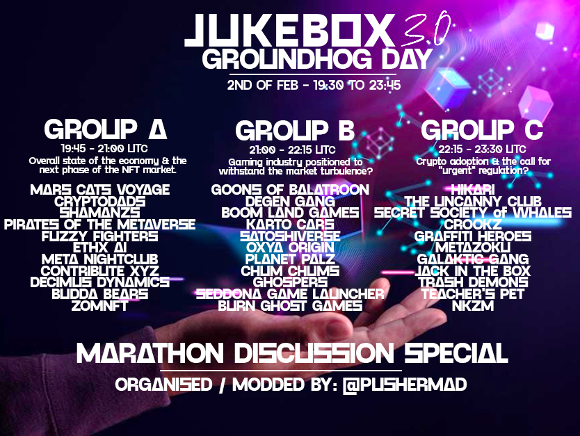 🎙️Come join us Today! Marathon Space with 30+ NFT Projects!

 🎉#NFTGiveaway👇
 🎁Major alpha, #NFTs, #WLs, #Airdrops &amp; more amazing prizes from attendees 🎁

- TO ENTER:
 💖&amp; RT this tweet!
Winners drawn during space - be there!😎
#ETH #BTC #SOL #NFT 
x.com/i/spaces/1lPJq…