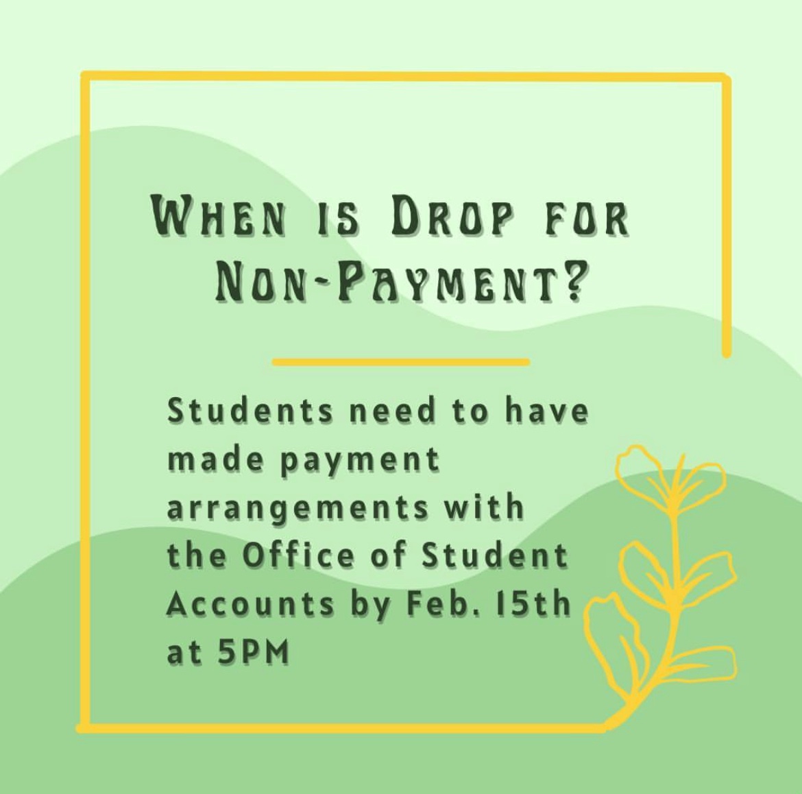 If you want to avoid being dropped due to non-payment, it is VITAL you get in touch with the Office of Student Accounts!! You can contact them by phone at (479)968-0271, or by email at business.office@atu.edu. You have until FEBRUARY 15TH!!