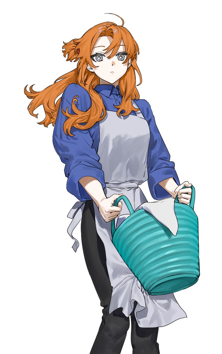 solo 1girl apron long hair orange hair white background holding  illustration images