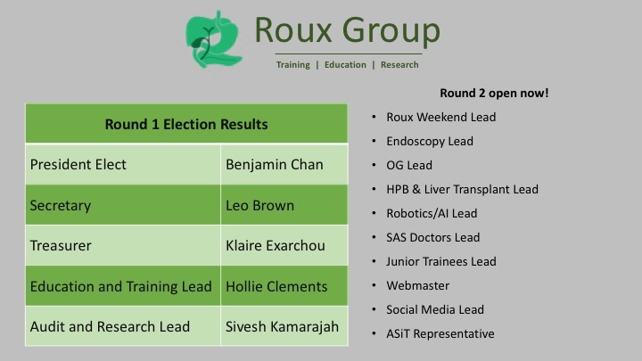 The Roux Group (@roux_group) on Twitter photo Congratulations to <a href="/DoctorBenChan/">Benjamin Chan</a> <a href="/leorbrown/">Leo Brown</a> <a href="/KlaireExarchou/">klaire.exarchou</a> <a href="/MissHClements/">Hollie Clements</a> <a href="/Sivesh93/">Sivesh K Kamarajah</a> on your successful election to the 2023-24 Roux Group Committee. Expressions of interest for all remaining positions are now being accepted - closing 9am on 13th February 2023. Congratulations to <a href="/DoctorBenChan/">Benjamin Chan</a> <a href="/leorbrown/">Leo Brown</a> <a href="/KlaireExarchou/">klaire.exarchou</a> <a href="/MissHClements/">Hollie Clements</a> <a href="/Sivesh93/">Sivesh K Kamarajah</a> on your successful election to the 2023-24 Roux Group Committee. Expressions of interest for all remaining positions are now being accepted - closing 9am on 13th February 2023.