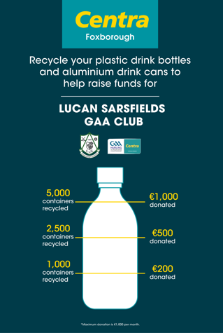 Delighted to support Centra Foxborough with their recycling drive.Centra will donate to our club for each plastic bottle or can recycled until March.A new reverse vending machine @ Centra Foxborough will recieve empty, undamaged plastic drink bottles and alu drink cans #GreenClub