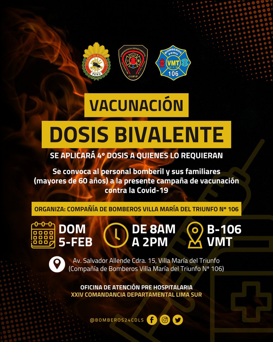 💉 𝐈𝐍𝐕𝐈𝐓𝐀𝐂𝐈𝐎́𝐍

Los invitamos a la 𝐂𝐀𝐌𝐏𝐀𝐍̃𝐀 𝐃𝐄 𝐕𝐀𝐂𝐔𝐍𝐀𝐂𝐈𝐎́𝐍 con la 𝐃𝐎𝐒𝐈𝐒 𝐁𝐈𝐕𝐀𝐋𝐄𝐍𝐓𝐄 contra la 𝐂𝐎𝐕𝐈𝐃-𝟏𝟗.

📅 DOM 5-FEB
⏰ 8:00 am a 2:00 pm
📍 Cía. de Bomberos Villa María del Triunfo Nº 106

¡Los esperamos!

instagram.com/p/CoIwWnOscbO/