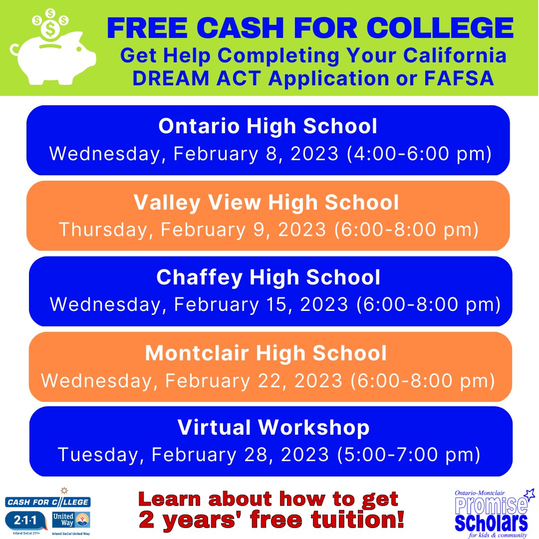 Did you know that filing your 2023-2024 FAFSA or CADAA is now a graduation requirement? 😱😨🤯

Have you started your CA Dream Act application or FAFSA and are stuck?? Have you not started at all and want to know how?? 🤔💭

Join us at one of our upcoming Financial Aid Workshops!