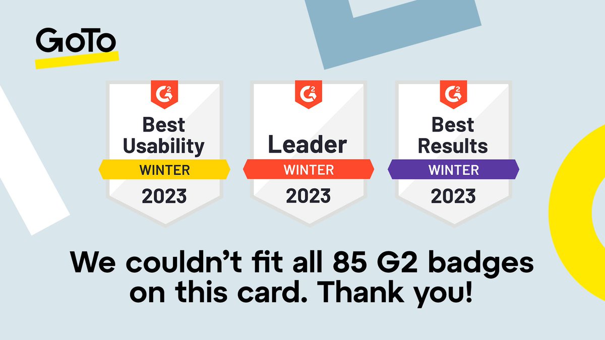 Thanks to your reviews we won 85 G2 badges!

GoTo Resolve ranked #1 for Service Desk, GoTo Connect ranked #1 for #UCaaS Platforms, Rescue is a Leader in Co-browsing, and that's only the beginning. Get all the details here! #DiscoverGoTo bit.ly/3l23sxp