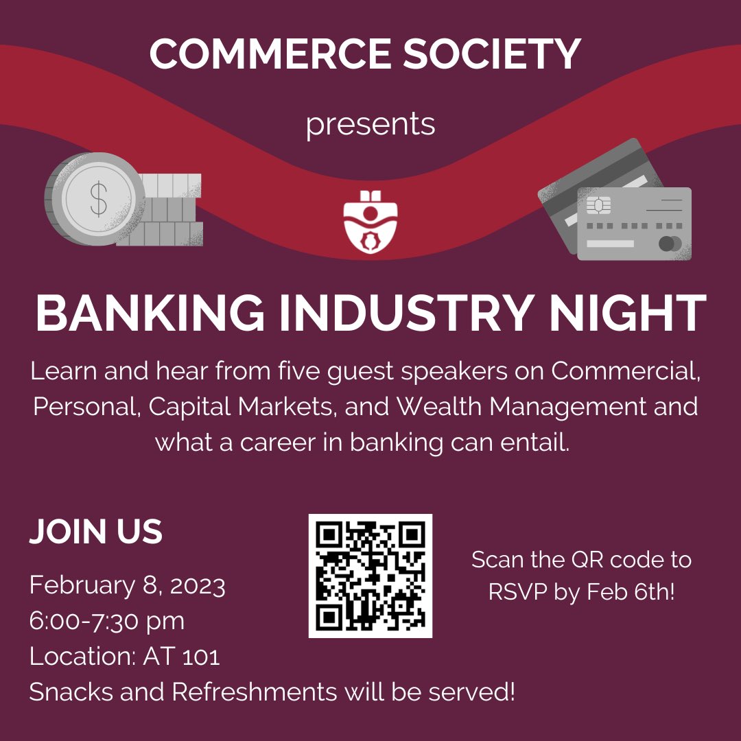 ssbcommsociety's tweet photo. You won’t want to miss our Banking Industry Night next Wednesday, February 8th! We are excited to welcome our five guest panelist to share information about working in the banking industry 💵🏦 RVSP by February 6th by scanning the QR code #smu #smusa #huskies https://t.co/S8km0GUlQg