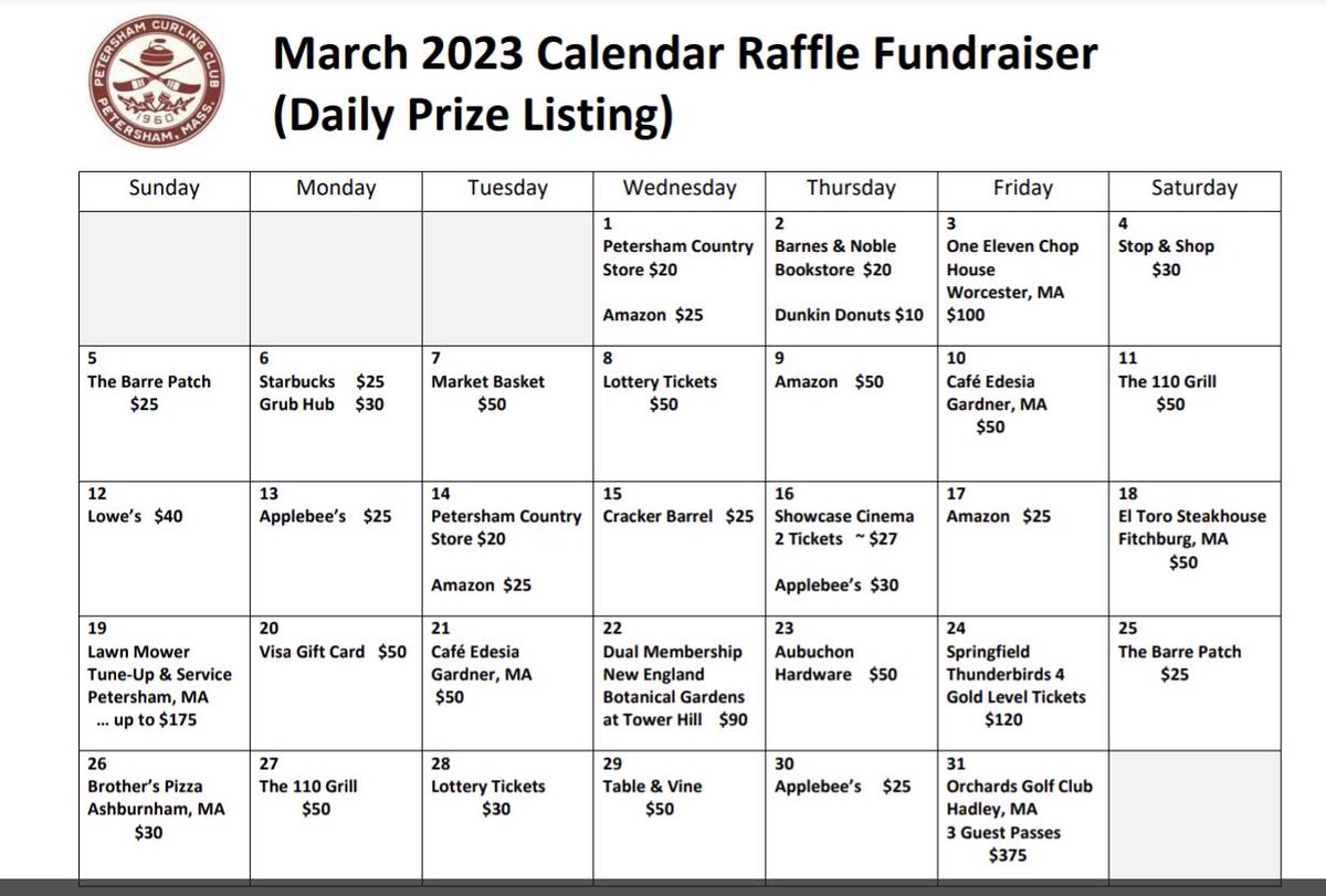 PetershamCurl's tweet photo. Have you heard? We've got an exciting opportunity to support the club and local businesses with a calendar raffle! We'll be announcing winners daily starting March 1st. 

Tickets are available for $10/each thru any member. 

Hurry and get your tickets before they are all gone! https://t.co/C9Azh8LVPa