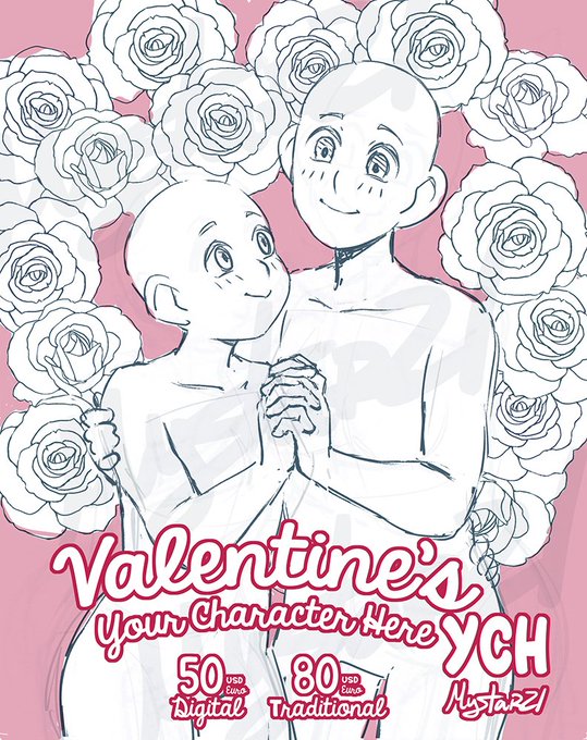 Hello, I'm offering:
SPECIAL YCH C0MMISSI0NS FOR VALENTINE'S DAY! 💖💕

If you ask for a digital now, I can have it done for you just in time for Valentine's Day! I can compromise to do it for 4 clients!

DM if you're interested ✨
RTs are appreciated 💕 