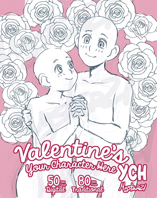 Hello, I'm offering:
SPECIAL YCH C0MMISSI0NS FOR VALENTINE'S DAY! 💖💕

If you ask for a digital now, I can have it done for you just in time for Valentine's Day! I can compromise to do it for 4 clients!

DM if you're interested ✨
RTs are appreciated 💕 
