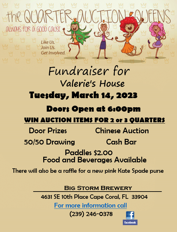 valerieshousefl's tweet photo. Events for a good cause! 📆
Join us on Tuesday, March 14th, at 6:00 p.m. at @BigStormBrewing for a quarter auction benefitting Valerie's House. For more information, please call (239) 246-0378.
---
#Event #SWFL #FortMyers #CapeCoral #ValeriesHouse #Charity https://t.co/t34xZMrPCB
