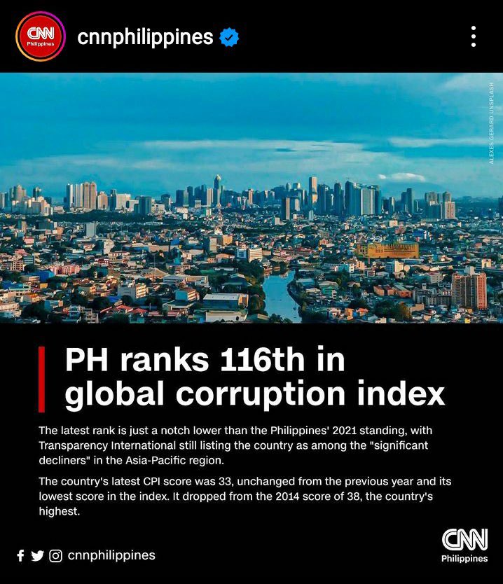 ChairAndyBau's tweet photo. Global corruption index: 
🇵🇭 was 38 least corrupt in 2014; 
down to 116 in 2022.. 🤔 https://t.co/qq4X8CcBkF