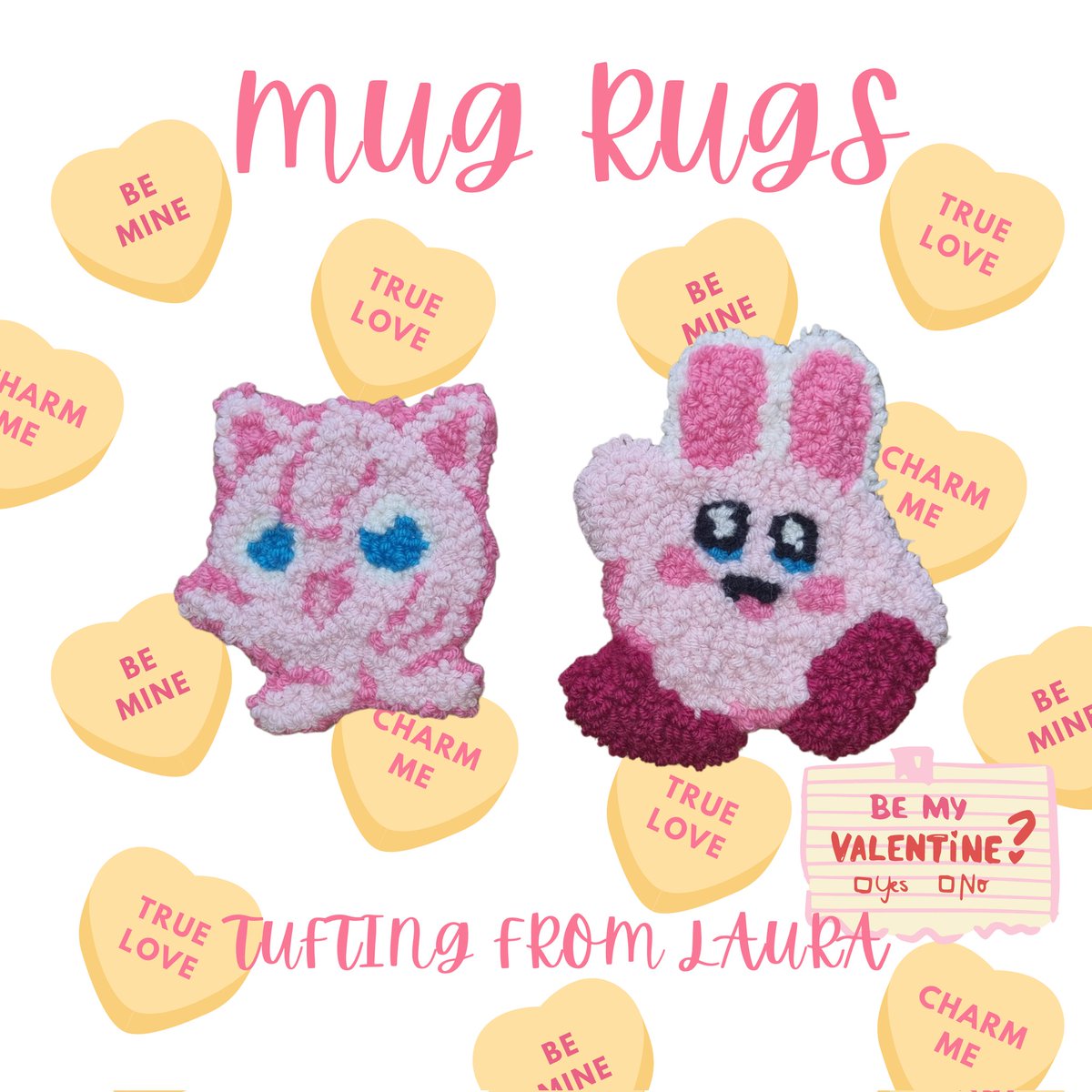 Custom Mug Rugs can also be tote bag decor and added to cushion covers! #customorders #etsylondon #pokemon #jigglypuff #nintendo #kirby #Easter #valentines #pinktheme #lovehearts #mugrugs #punchneedle #tuftedrugs