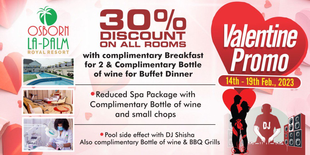 osbornlapalmphc's tweet photo. SPECIAL VALENTINE OFFER
It is that time of the year again, a season of love. Enjoy this valentine season with us at Osborn La Palm Royal Resort as we offer our guests up to 30% discounts on ALL our rooms with complimentary breakfast for two. https://t.co/XABw1mLTLc