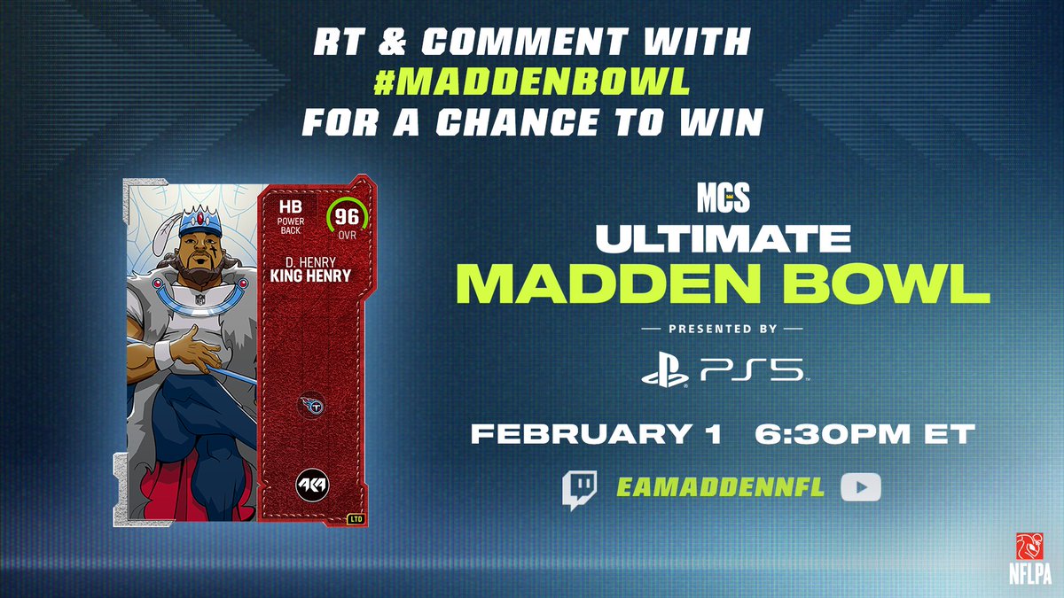 Madden Championship Series (@eamaddennfl_mcs) on Twitter photo RT & Comment with #MaddenBowl for a chance to win a <a href="/KingHenry_2/">๎Derrick Henry ๎ฝ๎</a> for your MUT team ๐
Reply with who you think wins for a chance to see your tweet on tonight's #Madden23 MCS broadcast ๐บ
6:30PM ET ๐
Twitch: twitch.tv/eamaddennfl
YouTube: youtube.com/live/ifA2XPvOJโฆ RT & Comment with #MaddenBowl for a chance to win a <a href="/KingHenry_2/">๎Derrick Henry ๎ฝ๎</a> for your MUT team ๐
Reply with who you think wins for a chance to see your tweet on tonight's #Madden23 MCS broadcast ๐บ
6:30PM ET ๐
Twitch: twitch.tv/eamaddennfl
YouTube: youtube.com/live/ifA2XPvOJโฆ