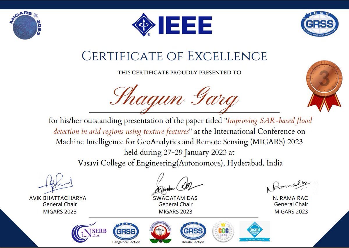 Shagun Garg (@shagungarg1511) on Twitter photo Yayy! Thrilled to have won the outstanding presentation award at #ieee #migars23 😋
Thanks goes to incredible co-authors <a href="/Ritushr80919287/">Ritushree</a> <a href="/MahdiMotagh/">Mahdi Motagh</a> @ant_dasgupta <a href="/sakthys/">Sakthy Selvakumaran</a> and Sandro Martinis (DLR). Yayy! Thrilled to have won the outstanding presentation award at #ieee #migars23 😋
Thanks goes to incredible co-authors <a href="/Ritushr80919287/">Ritushree</a> <a href="/MahdiMotagh/">Mahdi Motagh</a> @ant_dasgupta <a href="/sakthys/">Sakthy Selvakumaran</a> and Sandro Martinis (DLR).
