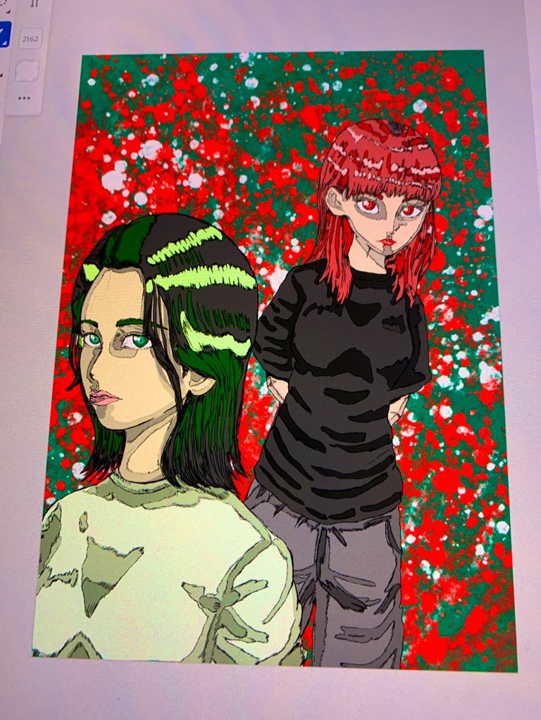 2girls multiple girls green eyes shirt green hair red hair red eyes  illustration images
