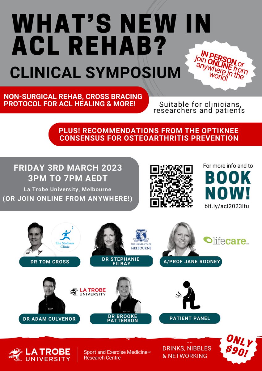 Please join us for a clinical symposium on what is new in ACL rehab - including discussion on ACL healing without surgery! In person & online options - Friday March 3rd - book now!!! @BJSM_BMJ @DrChrisBarton @agculvenor @mickwhughes