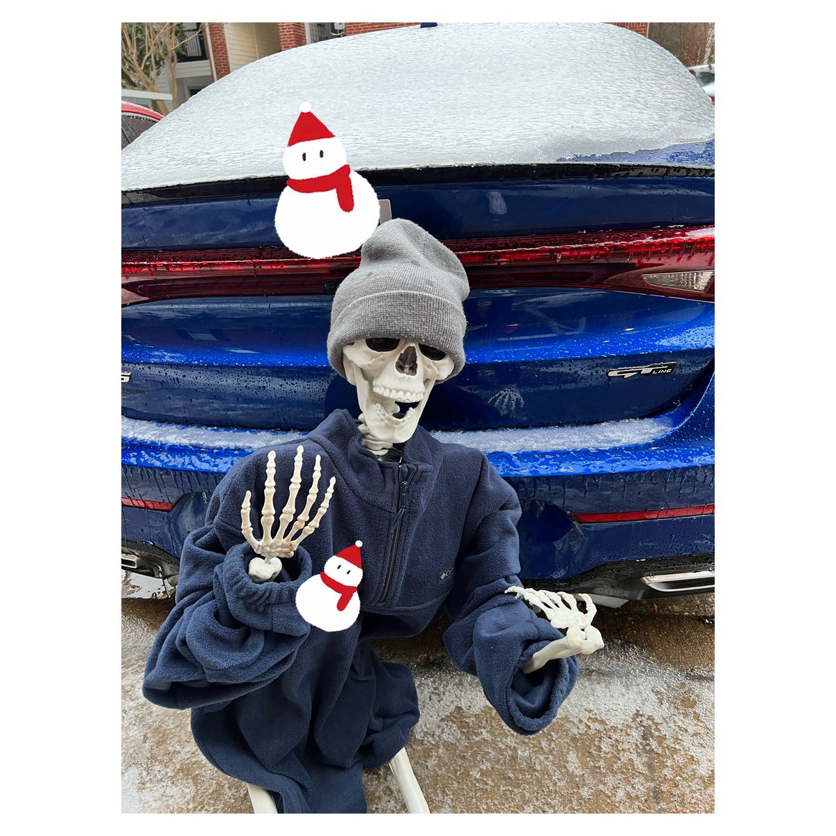 adenlori's tweet photo. Here you go, Pete! Skully said it’s too cold to be outside. He said he didn’t have enough meat on his bones! Go figure! @wfaaweather https://t.co/DmMXW0QLvO