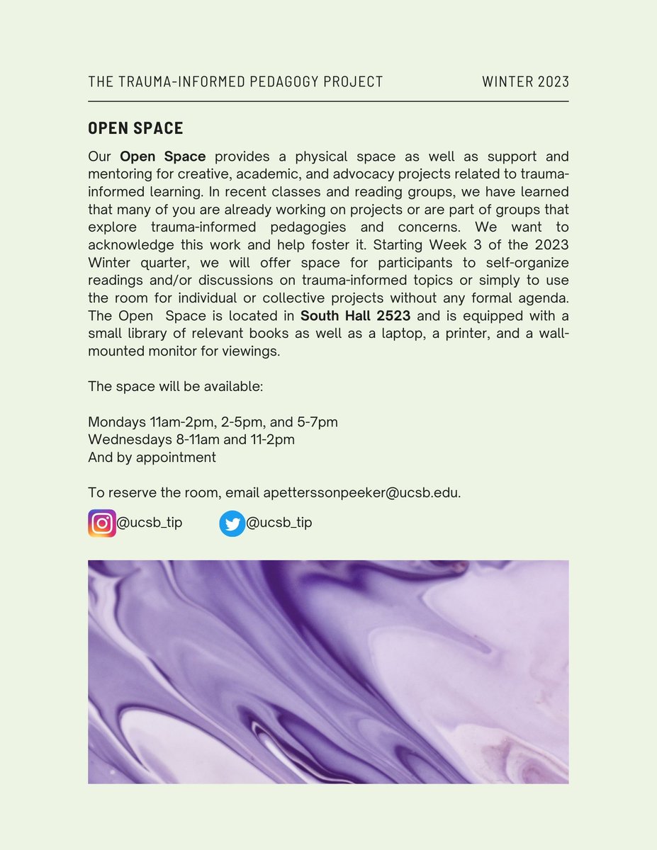 UCSB_English's tweet photo. Need a space to work on something related to trauma or healing? Check out the Trauma-Informed Pedagogy Project's (@ucsb_tip) new "Open Space" initiative! The space is open to all UCSB students and for all kinds of ideas. https://t.co/XgG9fRJO5I