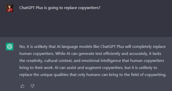 GianBoost's tweet photo. I asked ChatGPT if the new "ChatGPT Plus

is going to replace Copywriters

Look the answer⬇️ https://t.co/POgse85PSz