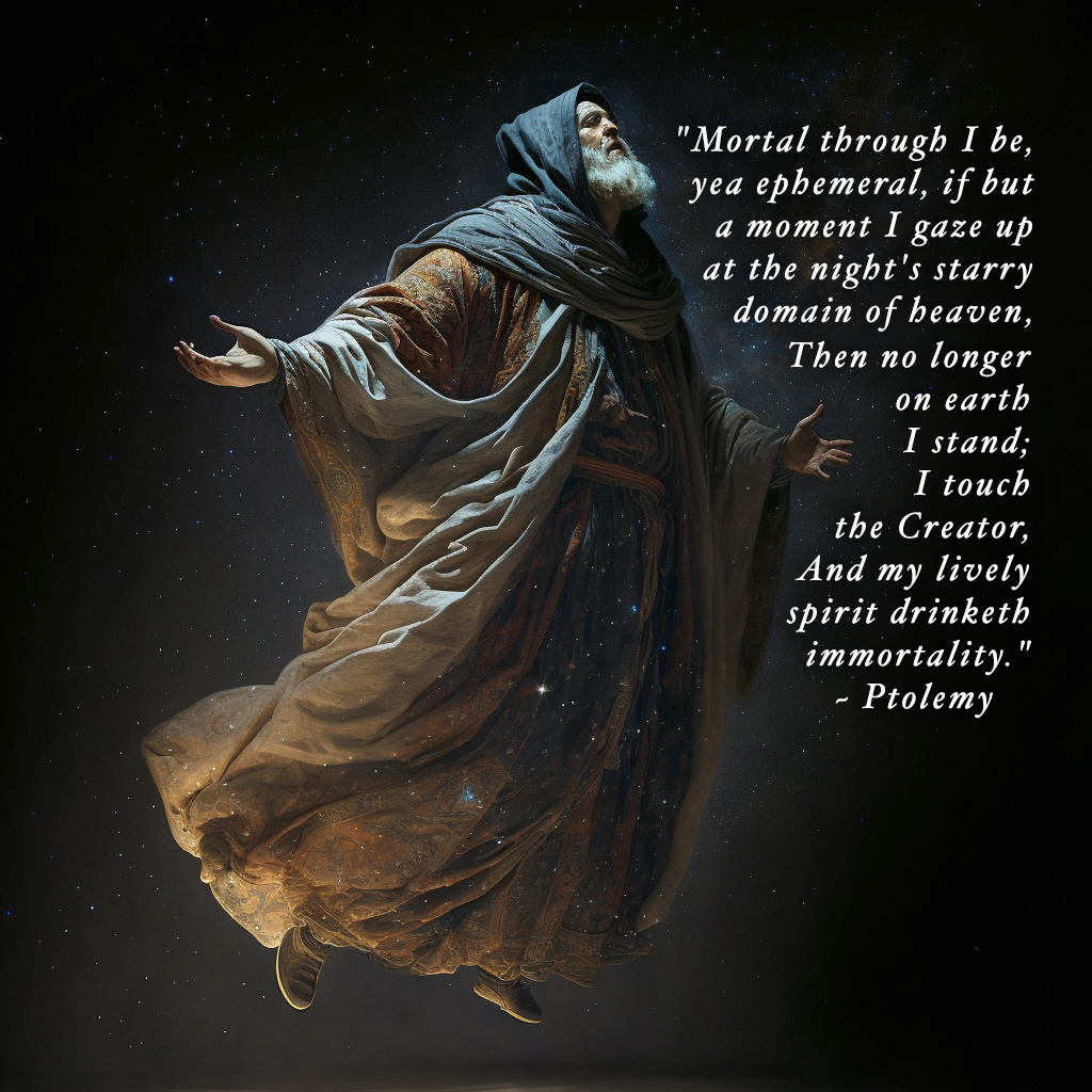 TreeDjinn's tweet image. "Mortal through I be, yea ephemeral, if but a moment I gaze up at the night's starry domain of heaven,Then no longer on earth I stand; I touch the Creator, And my lively spirit drinketh immortality." ~ Ptolemy

#QuotesOfWisdom #NFT #quote #NFTCommunity #EthereumNFTs  ✨1/4